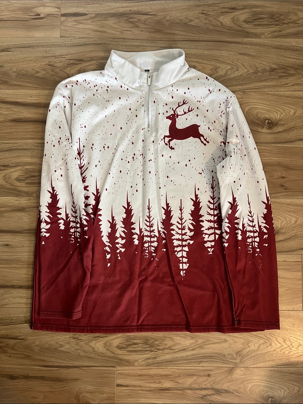 White and Burgundy Deer Graphic Quarter-Zip Pullover